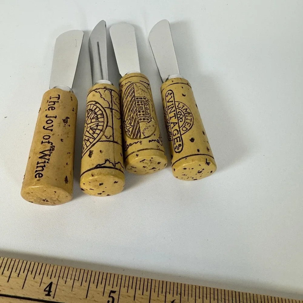 Vtg‎ Cheese/Butter Spreader Resin Wine Cork Set Of 4 Stainless Steel in Box